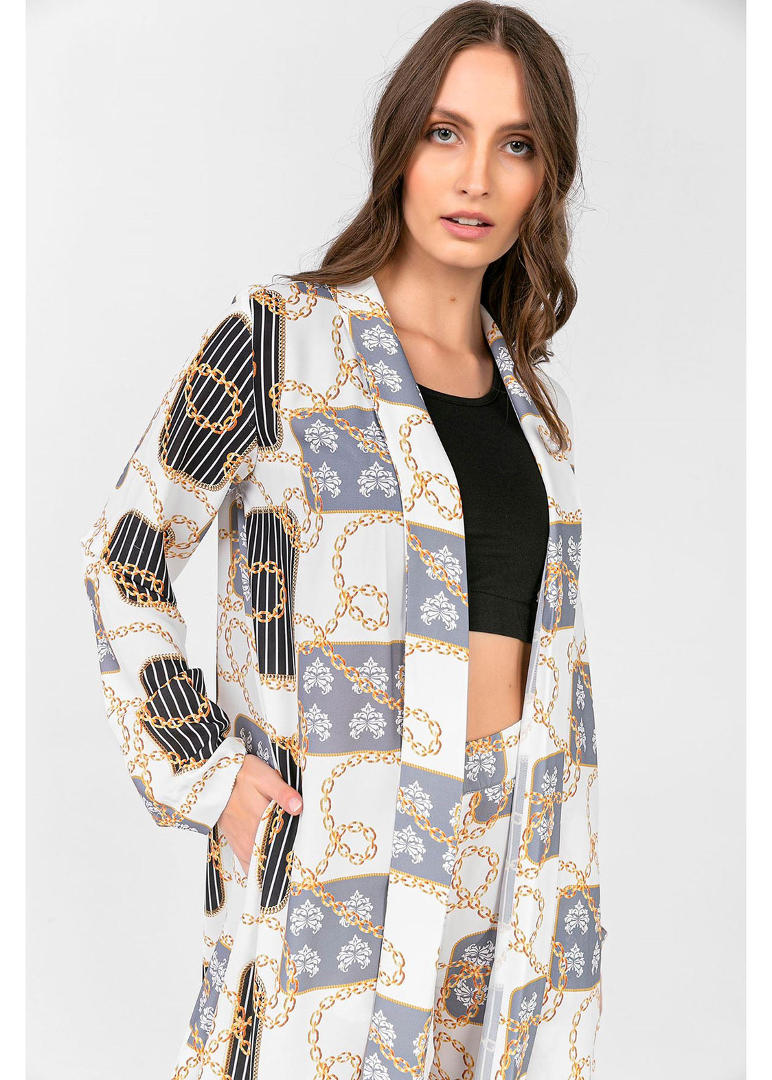 Zincir Desenli Kimono-Ekru