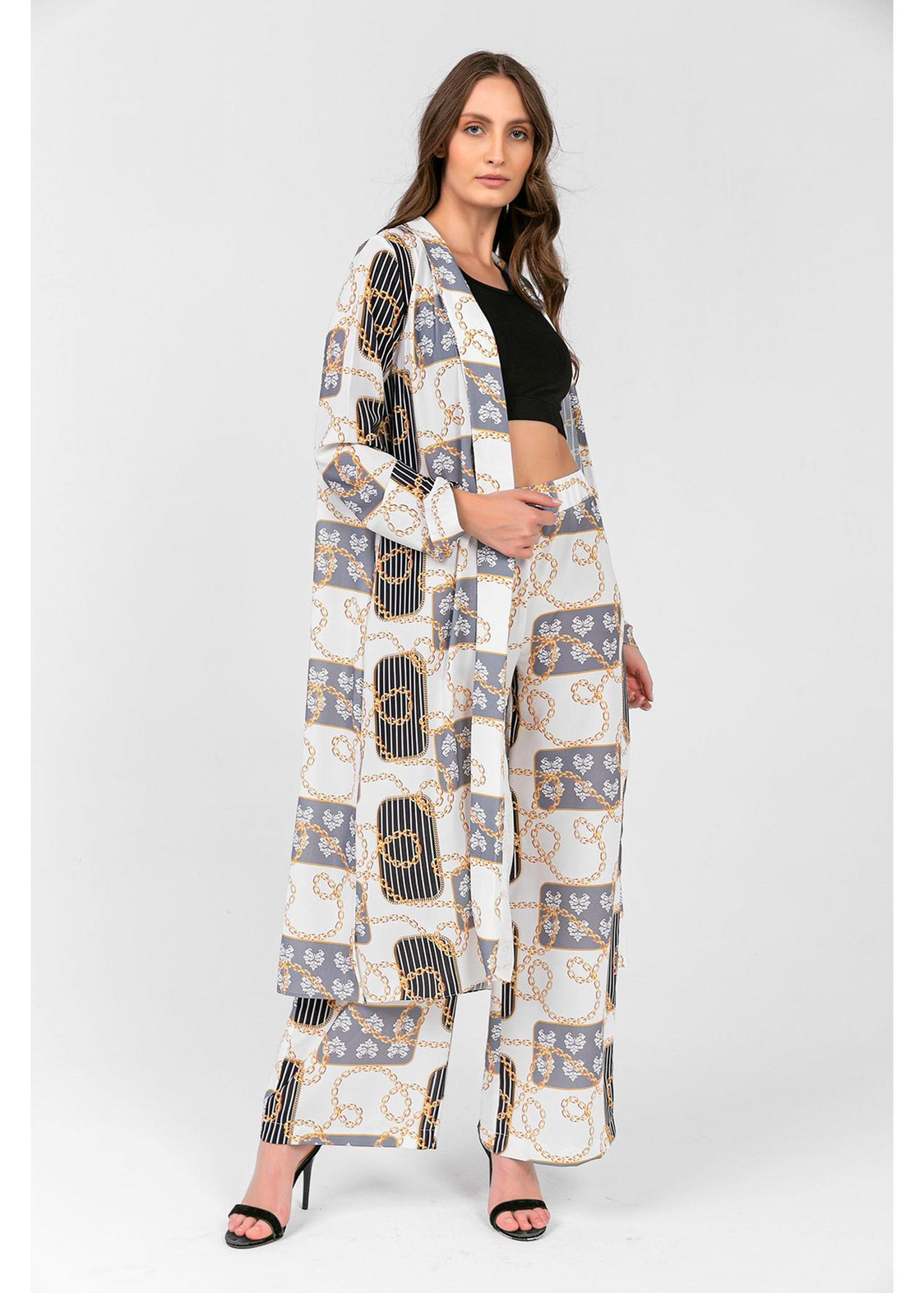 Zincir Desenli Kimono-Ekru