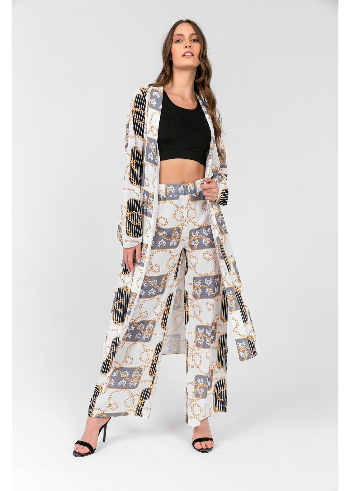 Zincir Desenli Kimono-Ekru