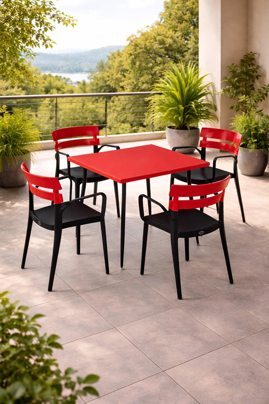 Alezy Carmen Masa Takımı 80x80 Masa + 4 Bermuda Siyah Ayaklı Koltuk Kırmızı | ID6378