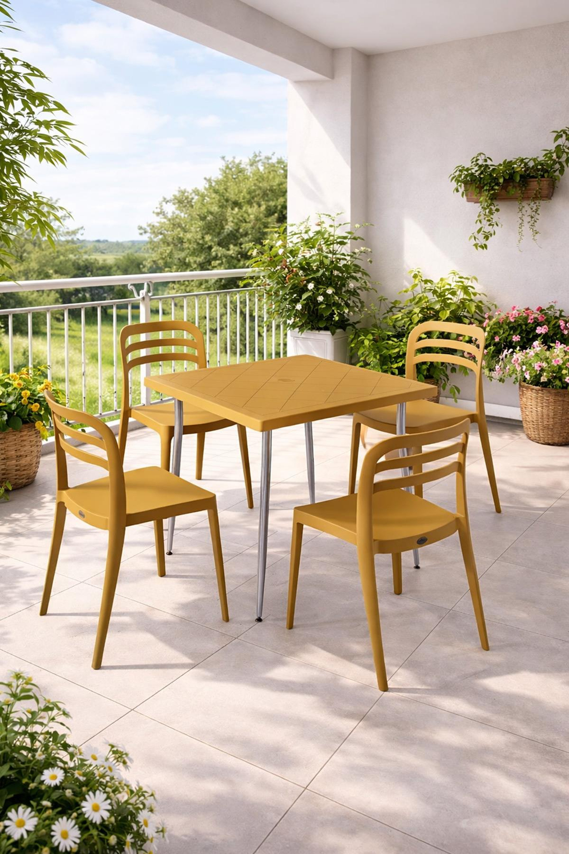 Alezy Carmen Masa Takımı 80x80 Masa + 4 Adet Aspen Renkli Sandalye Hardal | ID6391