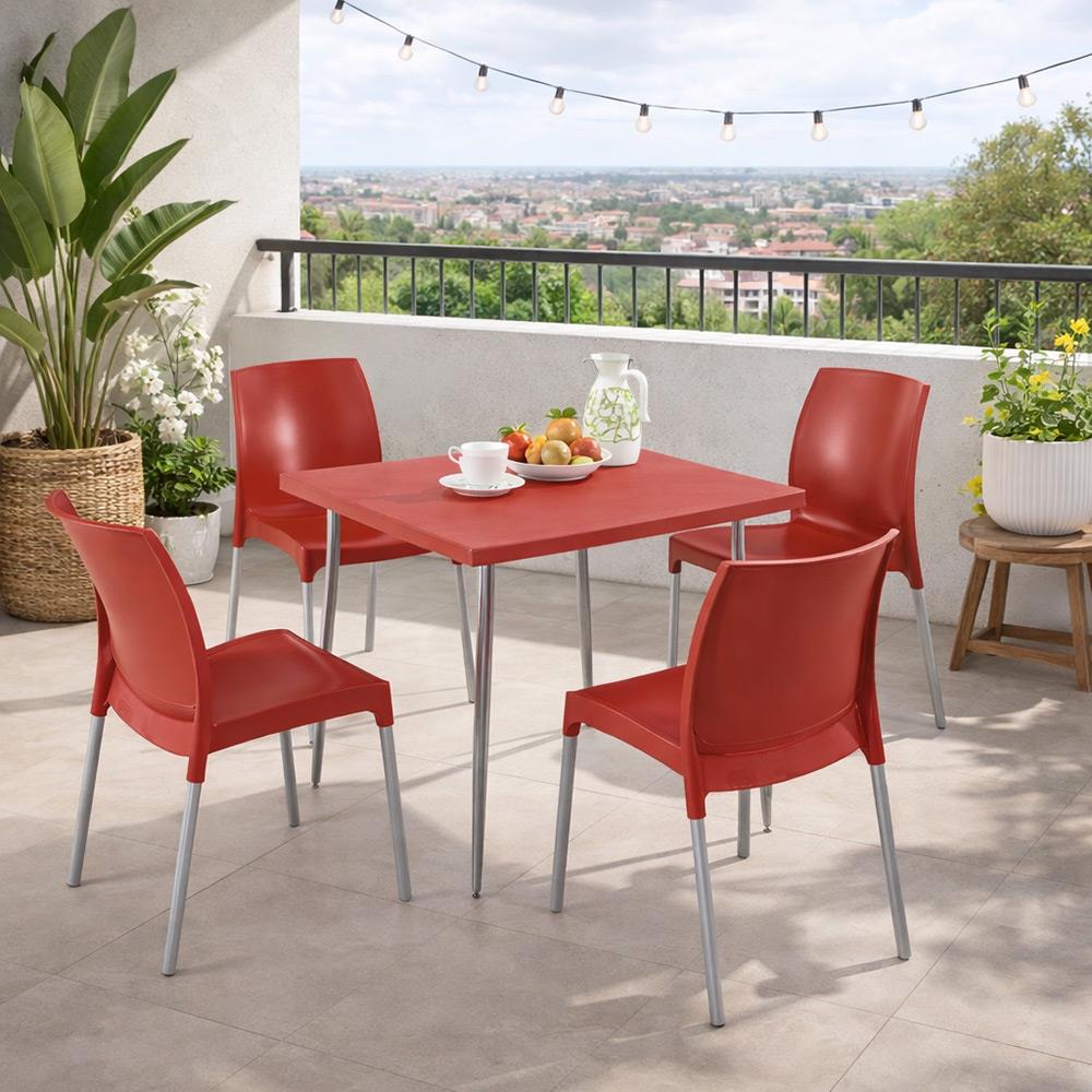 Alezy Carmen Masa Takımı 80x80 Masa + 4 Adet Castel Renkli Sandalye Kırmızı | ID6406