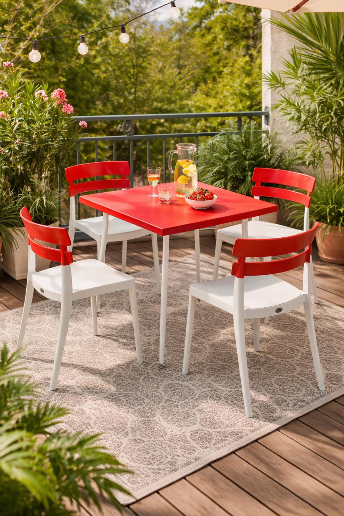 Alezy Carmen Masa Takımı 80x80 Masa + 4 Bermo Beyaz Ayaklı Koltuk Kırmızı | ID6381