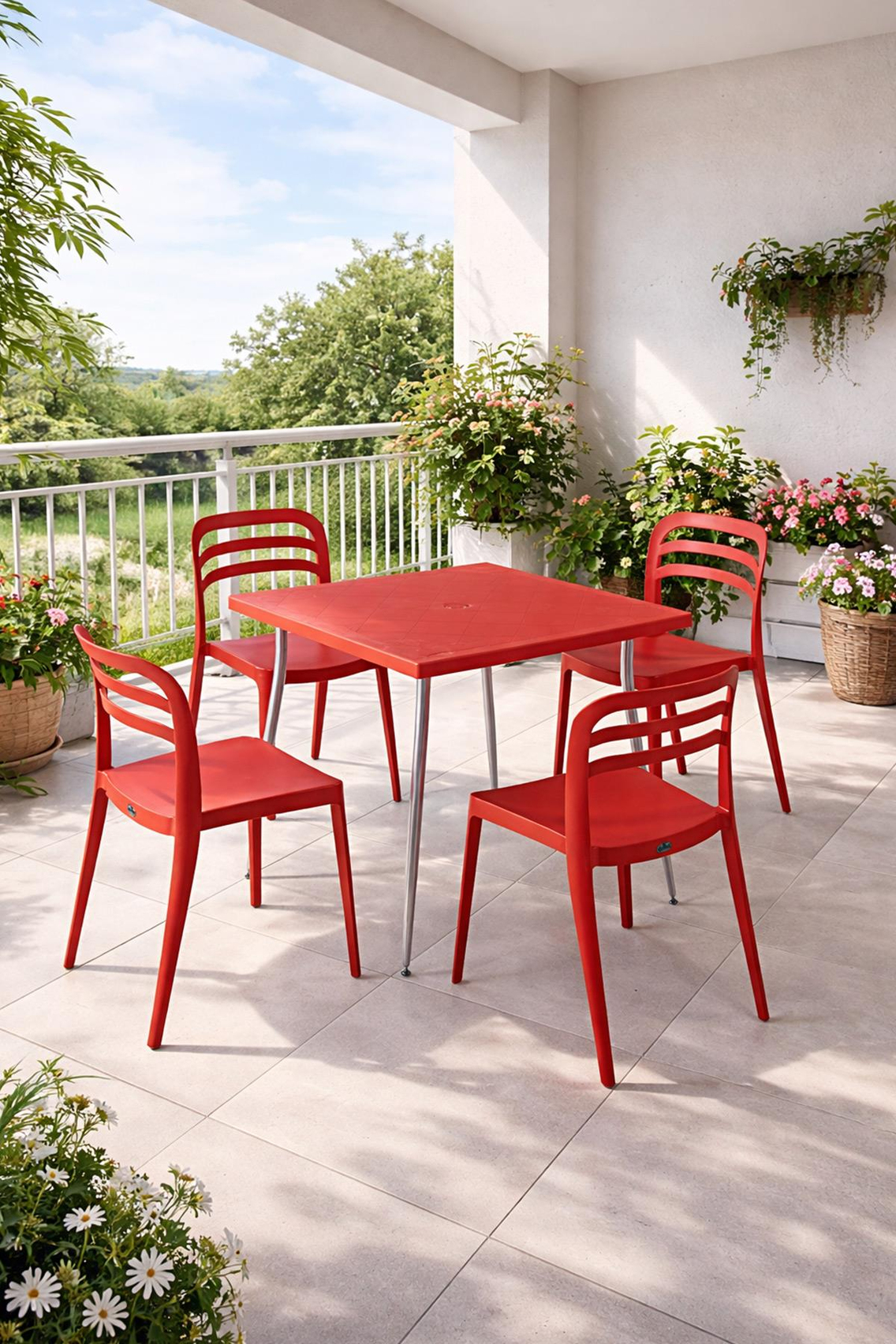 Alezy Carmen Masa Takımı 80x80 Masa + 4 Adet Aspen Renkli Sandalye Kırmızı | ID6392