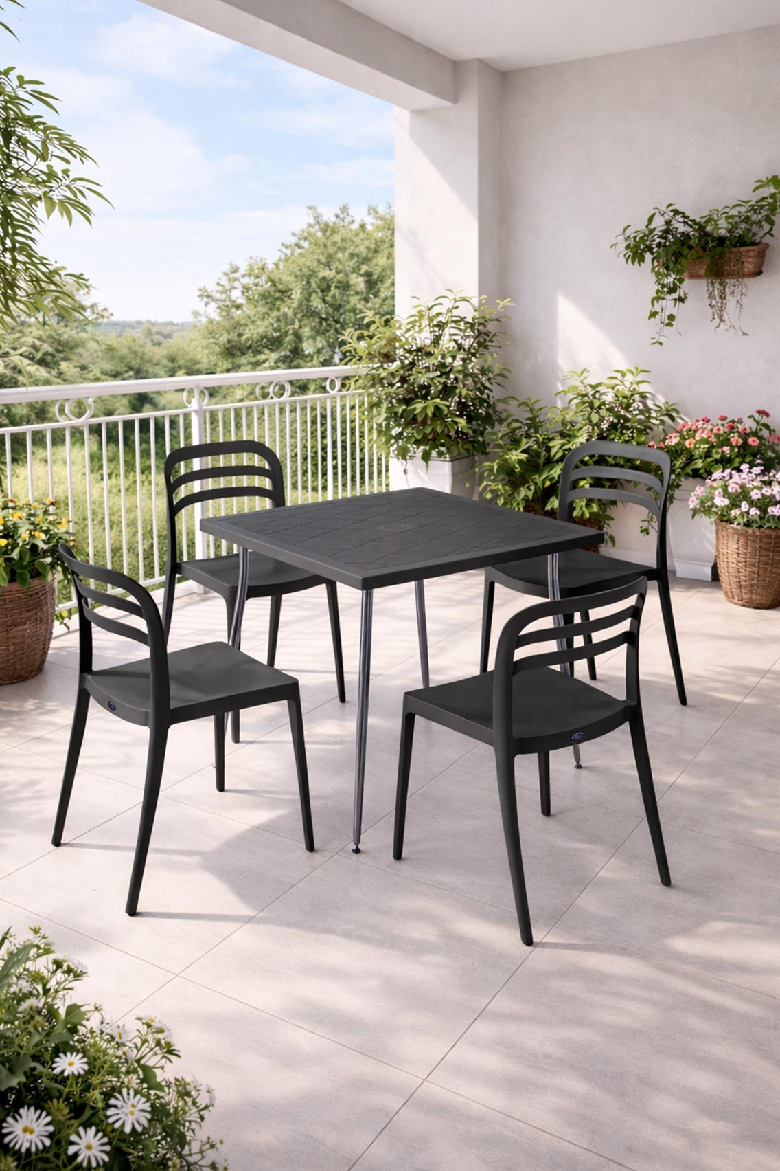 Alezy Carmen Masa Takımı 80x80 Masa + 4 Adet Aspen Renkli Sandalye Antrasit | ID6388