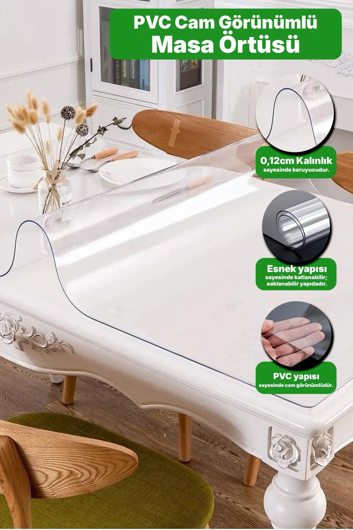 Alezy Şeffaf PVC Masa Örtüsü Su Geçirmez Şeffaf Masa Örtüsü, Mutfak Kahve Ofis Yemek Masası