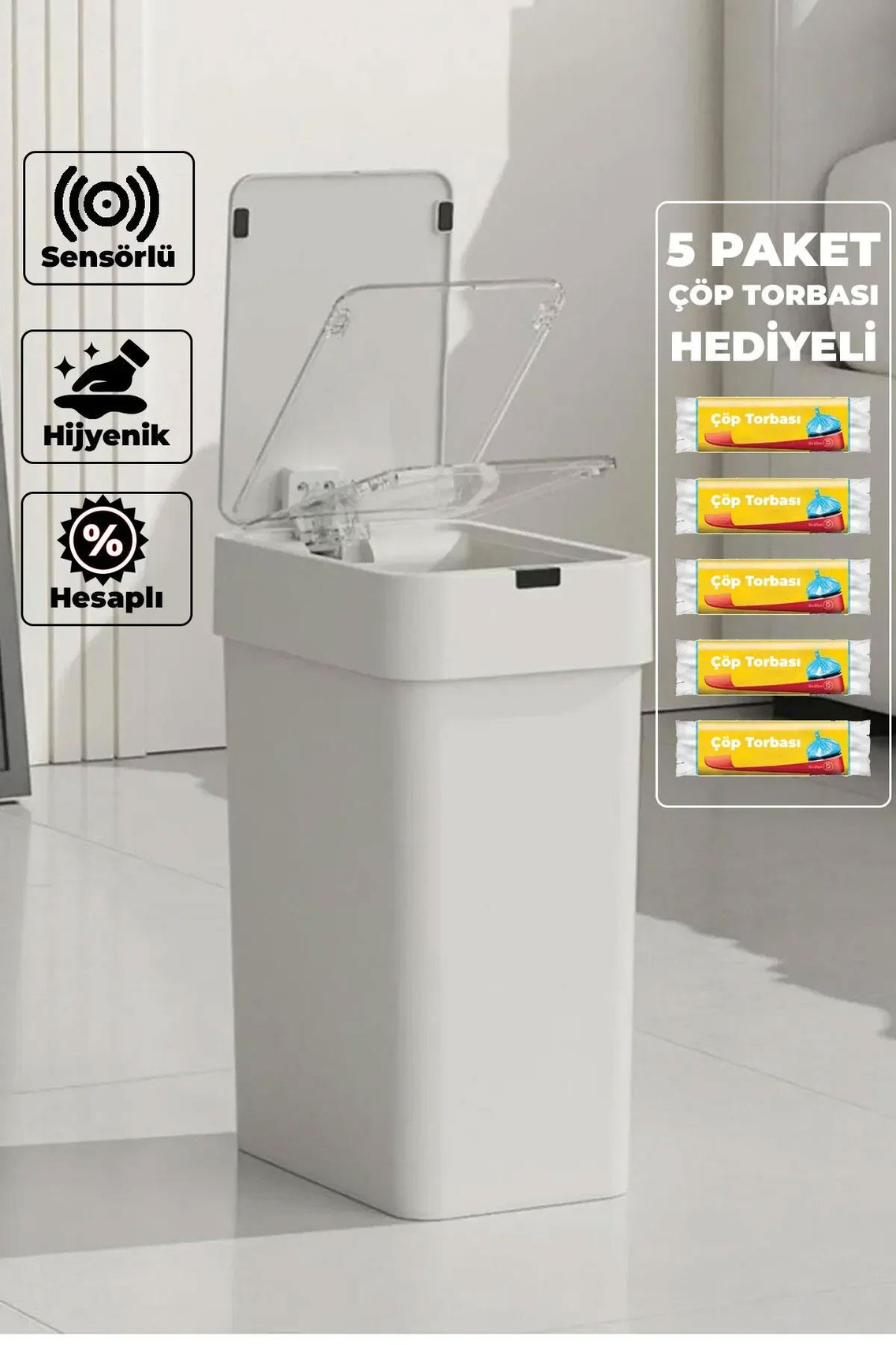 Alezy Sensörlü Otomatik Açılır Kapanır Akıllı Çöp Kovası 9 Litre + 5 Paket Çöp Torba Hediyeli”