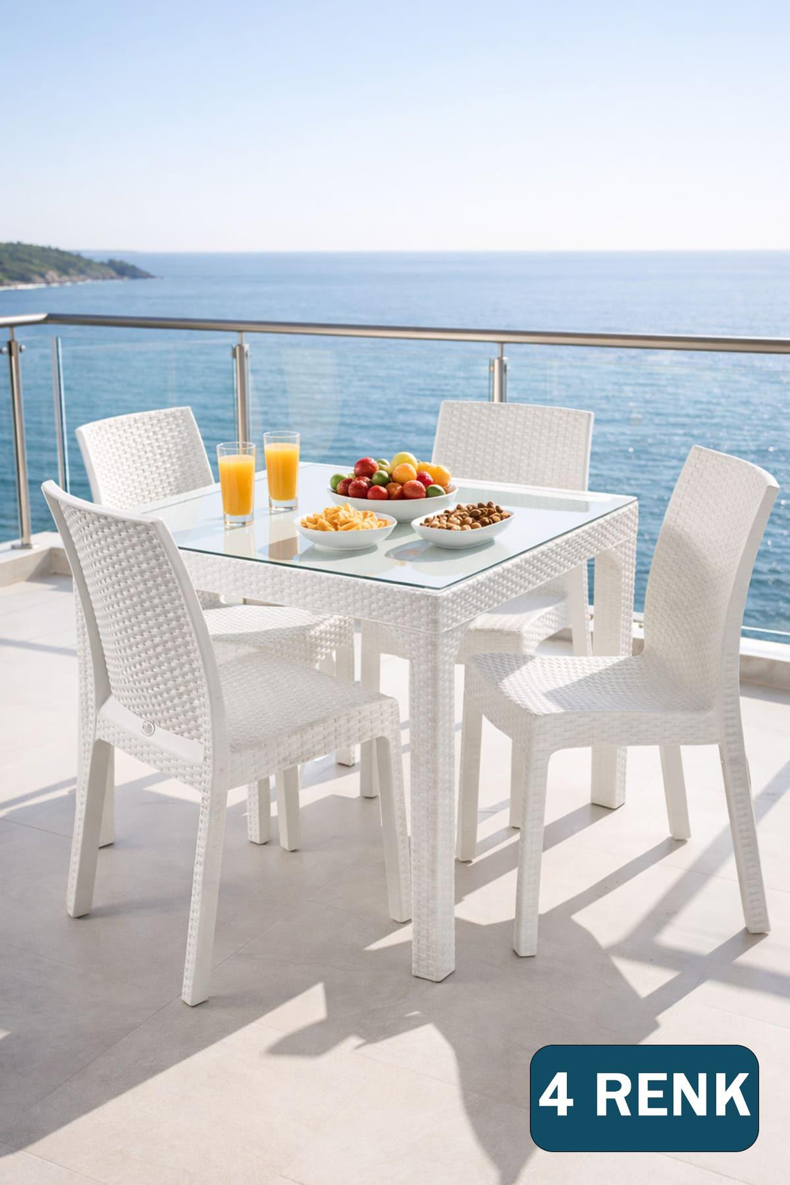 Holiday HM710 Rattan Camlı 90x90 Masa + 4 Adet HK710 Deluxe Sandalye | ID2812