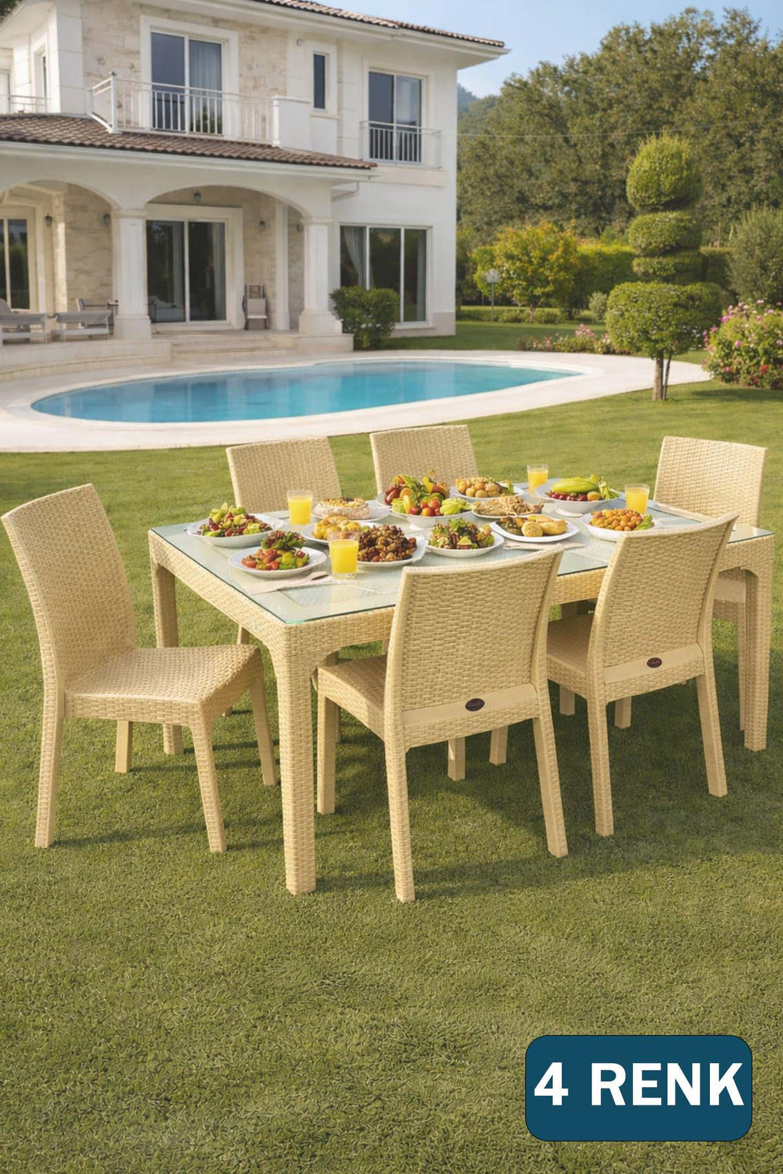 Holiday HM725 Rattan Camlı 80x140 Masa + 6 Adet HK710 Deluxe Sandalye | ID2815