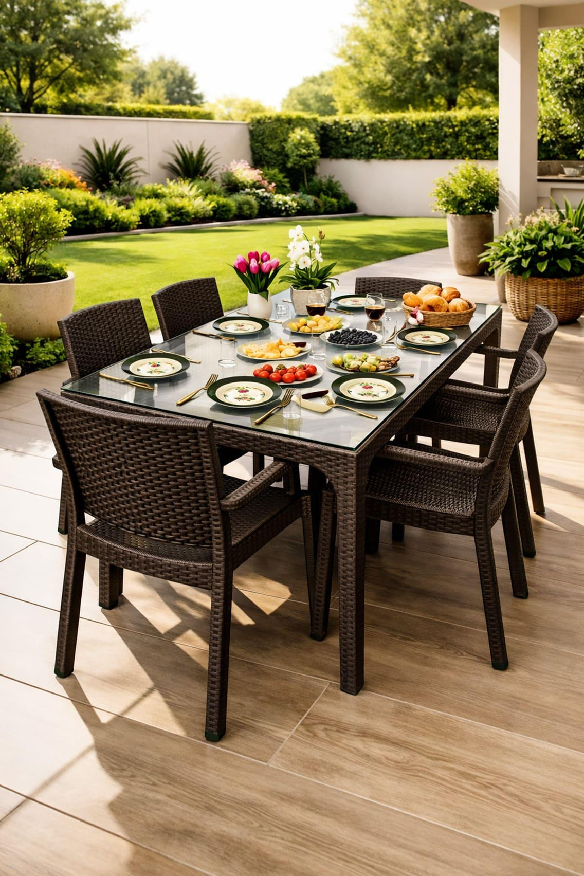 Holiday HM725 Rattan Camlı 80x140 Masa + 6 Adet HK700 Markiz Koltuk | ID4676