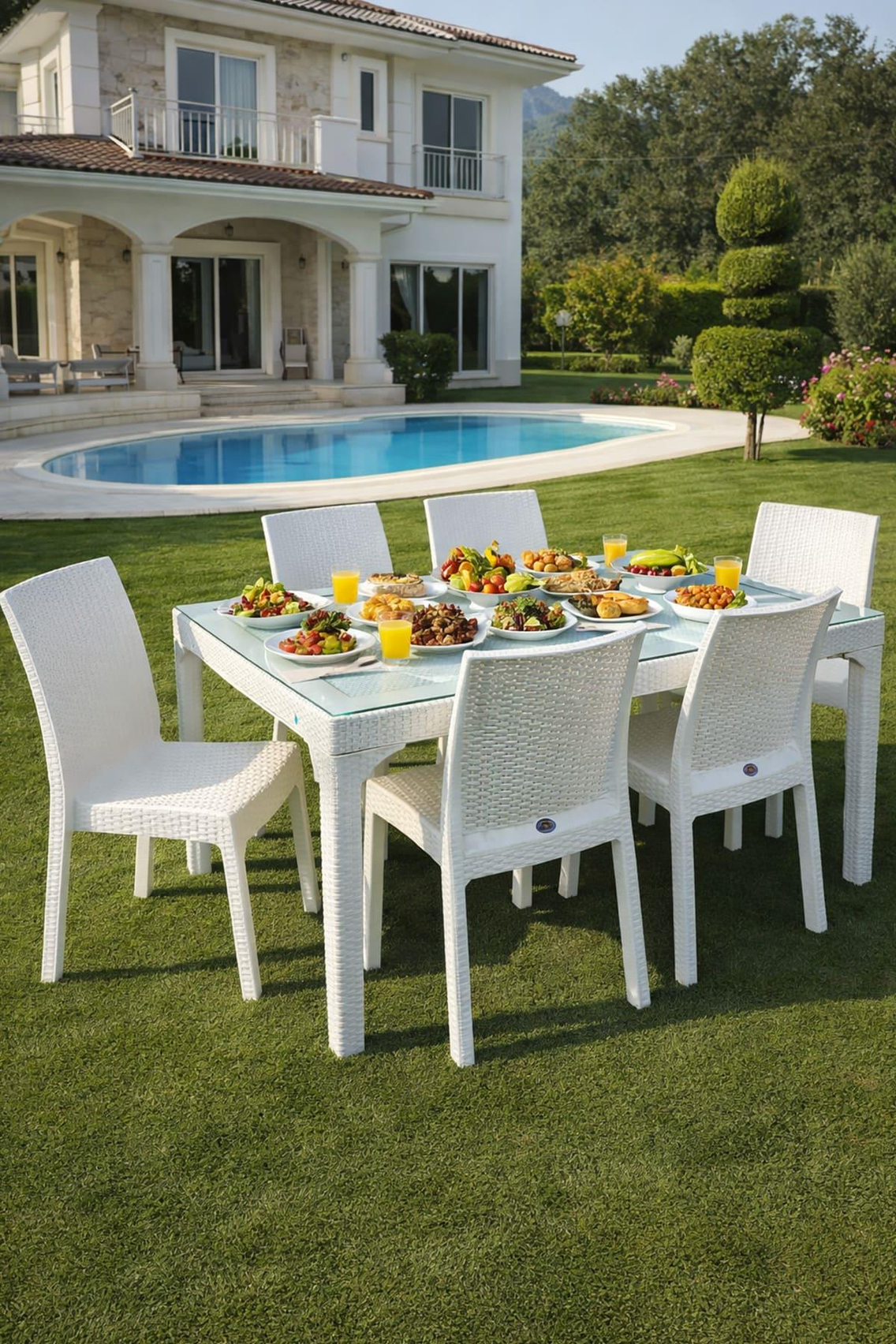 Holiday HM725 Rattan Camlı 80x140 Masa + 6 Adet HK710 Deluxe Sandalye | ID2815