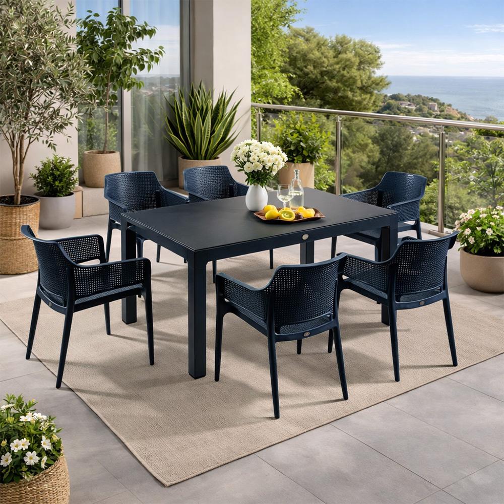 Novussi Boom Masa Takımı 90x150 Camlı Masa + 6 Adet Boom Koltuk Antrasit | ID6484