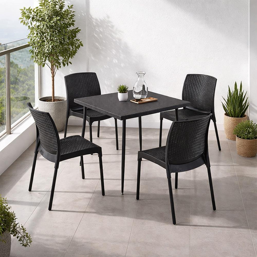 Novussi Carmen Rattan Masa Takımı 80x80 Masa + 4 Adet Rattan Sunny Sandalye Kahve | ID6412