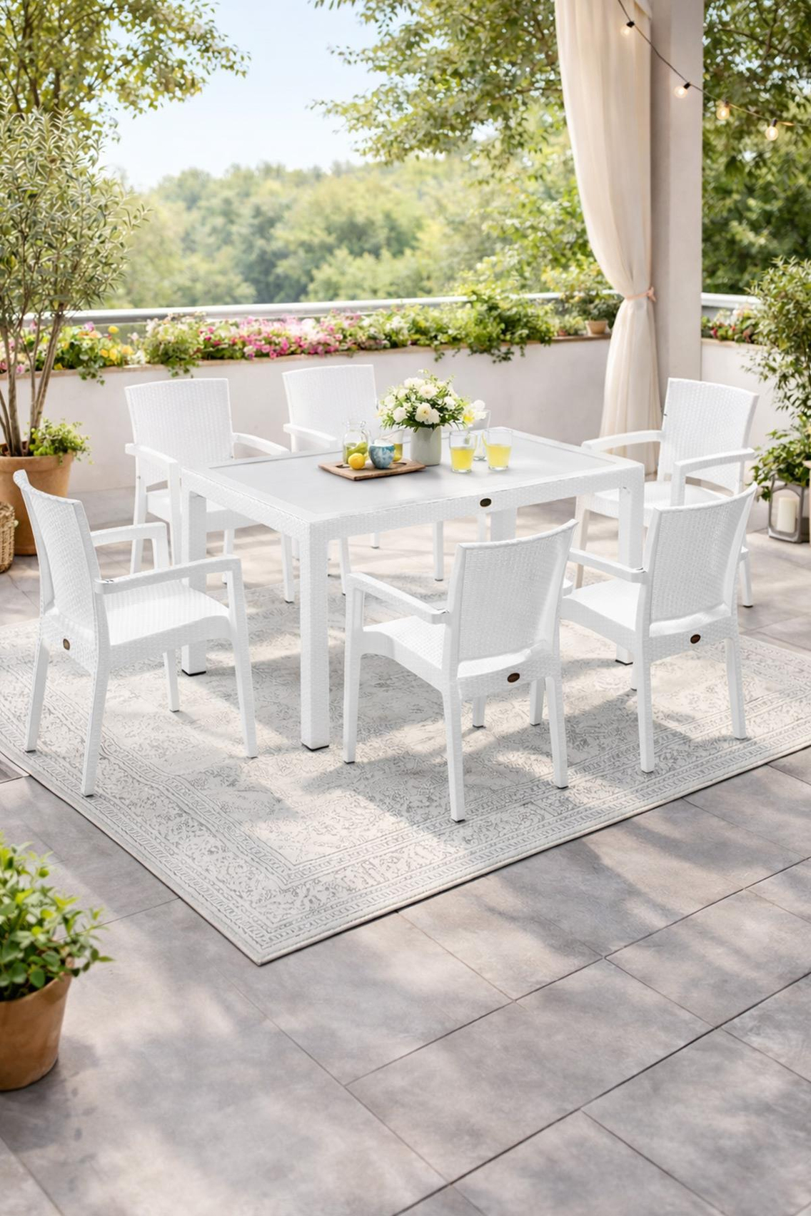 Novussi Liverno Set Rattan Camlı 90x150 Masa + 6 Adet Paris Koltuk Sandalye Beyaz | ID6327