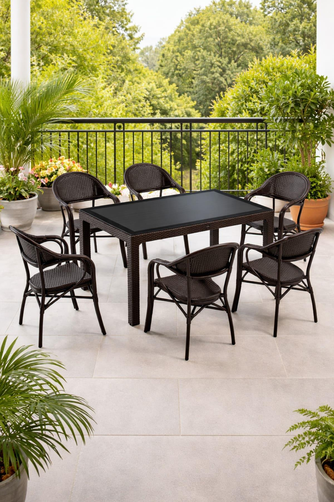 Novussi NST-001 Nirvana Bahçe Masa Takımı 90x150 Camlı Masa + 6 Koltuk Kahverengi | ID4628