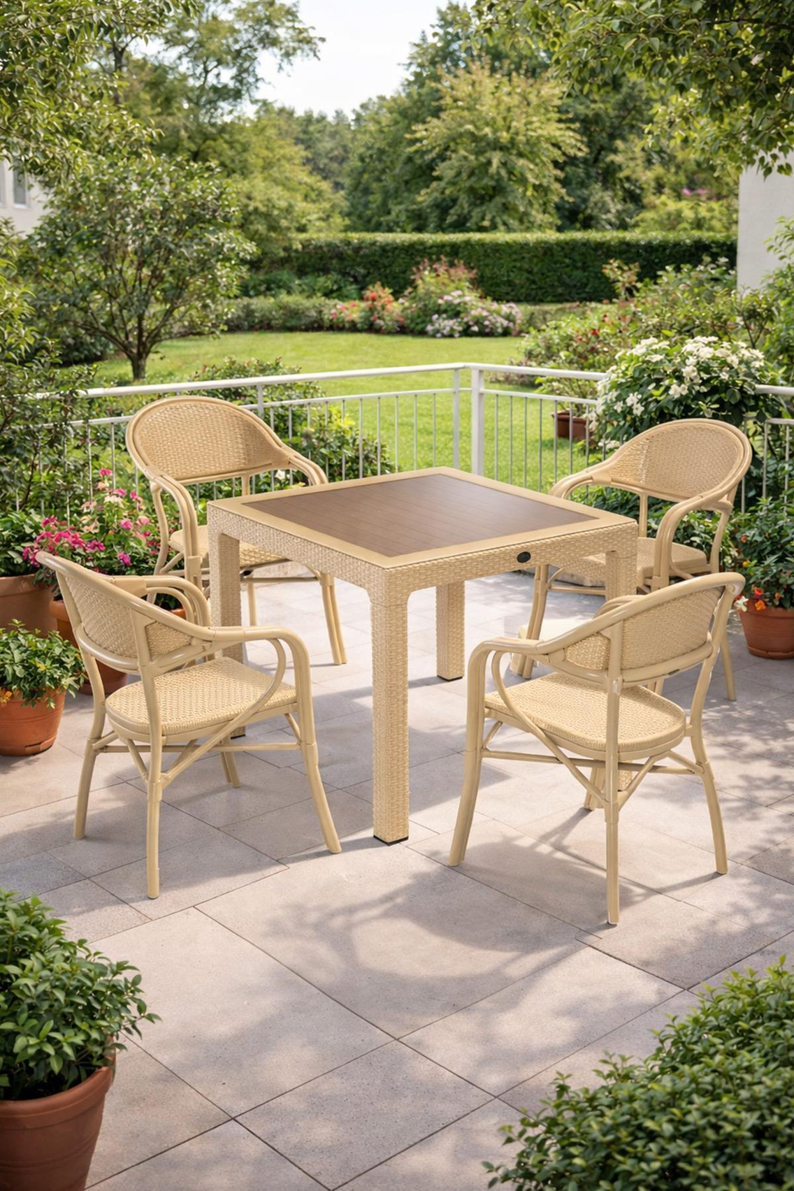 Novussi NST-002 Nirvana Bahçe Masa Takımı 90x90 Camlı Masa + 4 Koltuk Cappucino  | ID4632