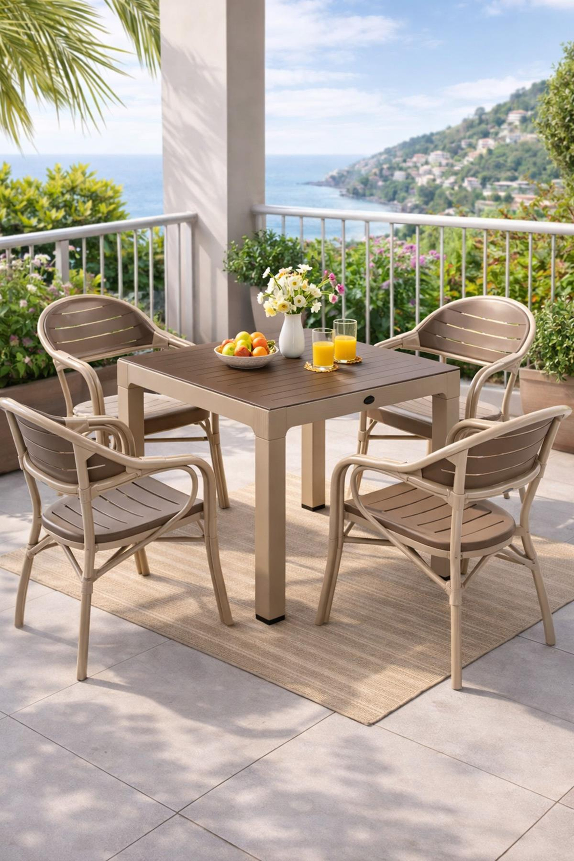 Novussi NST-004 Bamboo Bahçe Masa Takımı 90x90 Camlı Masa + 4 Koltuk  | ID4637