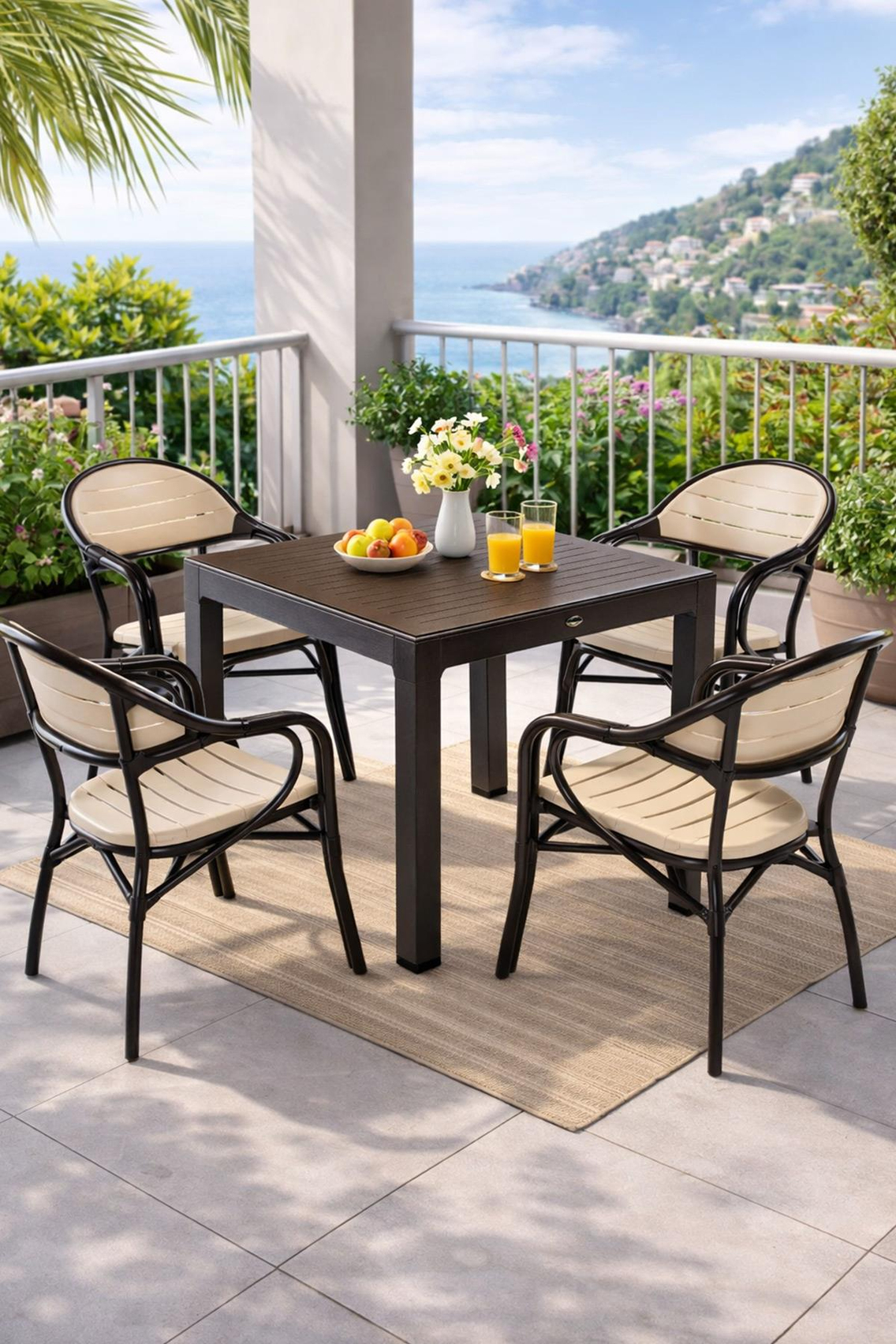 Novussi NST-004 Bamboo Bahçe Masa Takımı 90x90 Camlı Masa + 4 Koltuk | ID4636