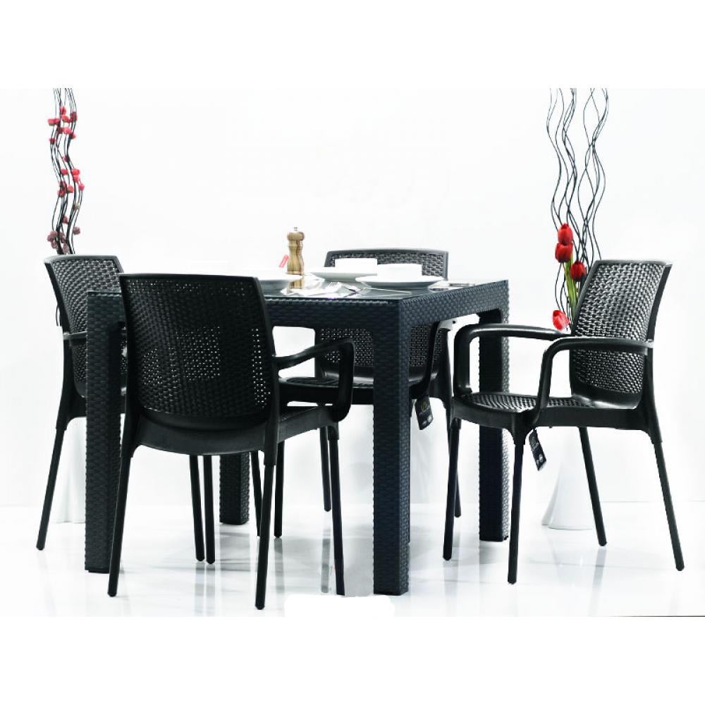 Novussi R003 Rattan Camlı Kare Masa + 4 Adet R008 Sunset Rattan Koltuk | ID1234