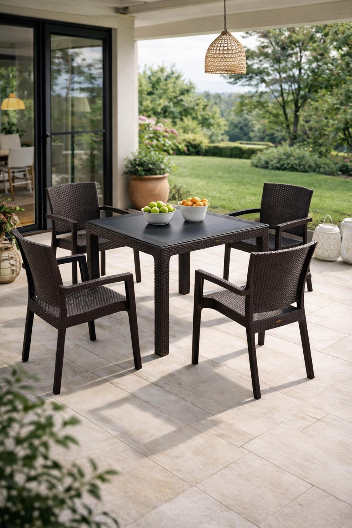 Novussi Rattan Camlı Kare Masa + 4 Adet Paris Koltuk Sandalye Kahverengi | ID1244