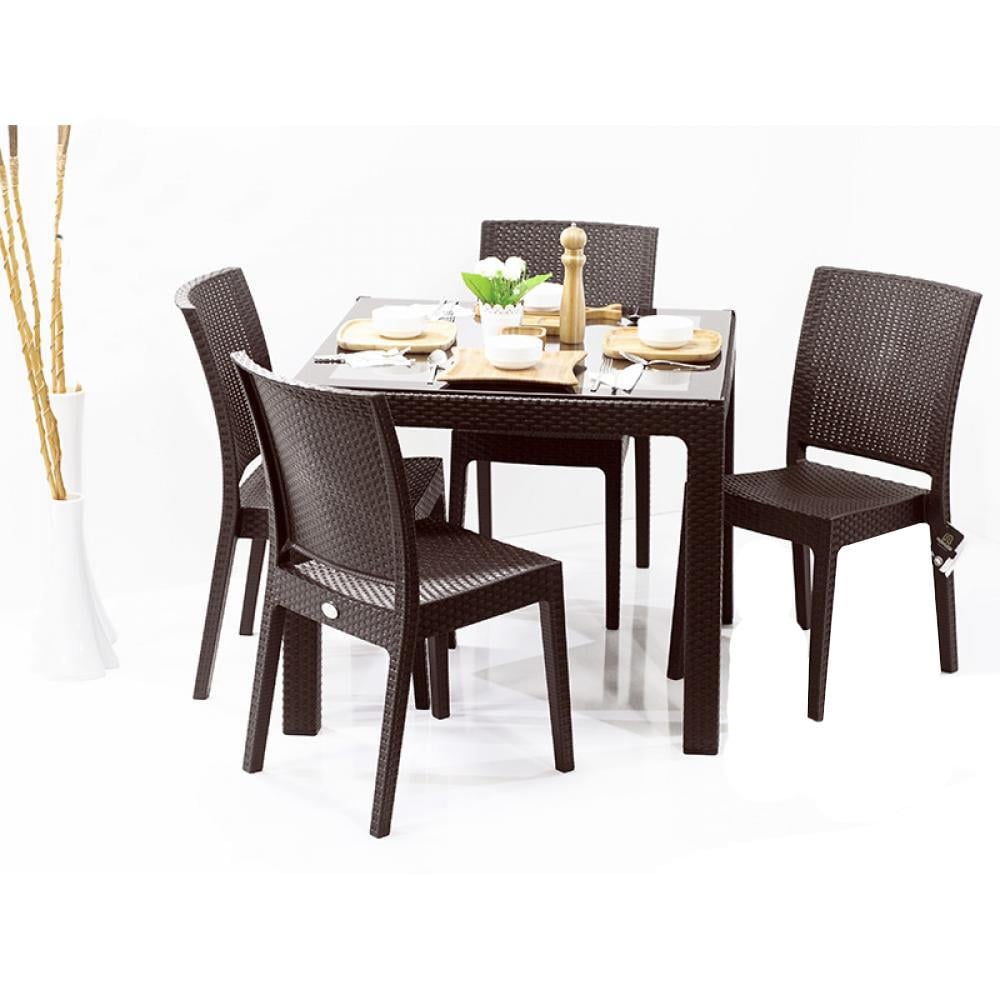 Novussi Rattan Camlı Kare Masa + 4 Adet Nice Sandalye | ID1248