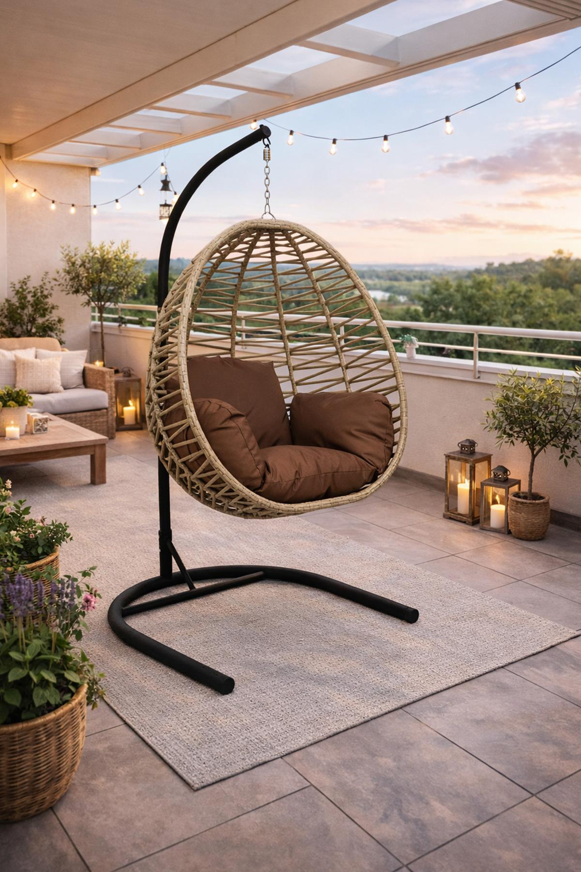 Alezy Armut Salıncak Tek Kişilik Minderli Makrome İp Örgü Bahçe-Balkon Asma Salıncak