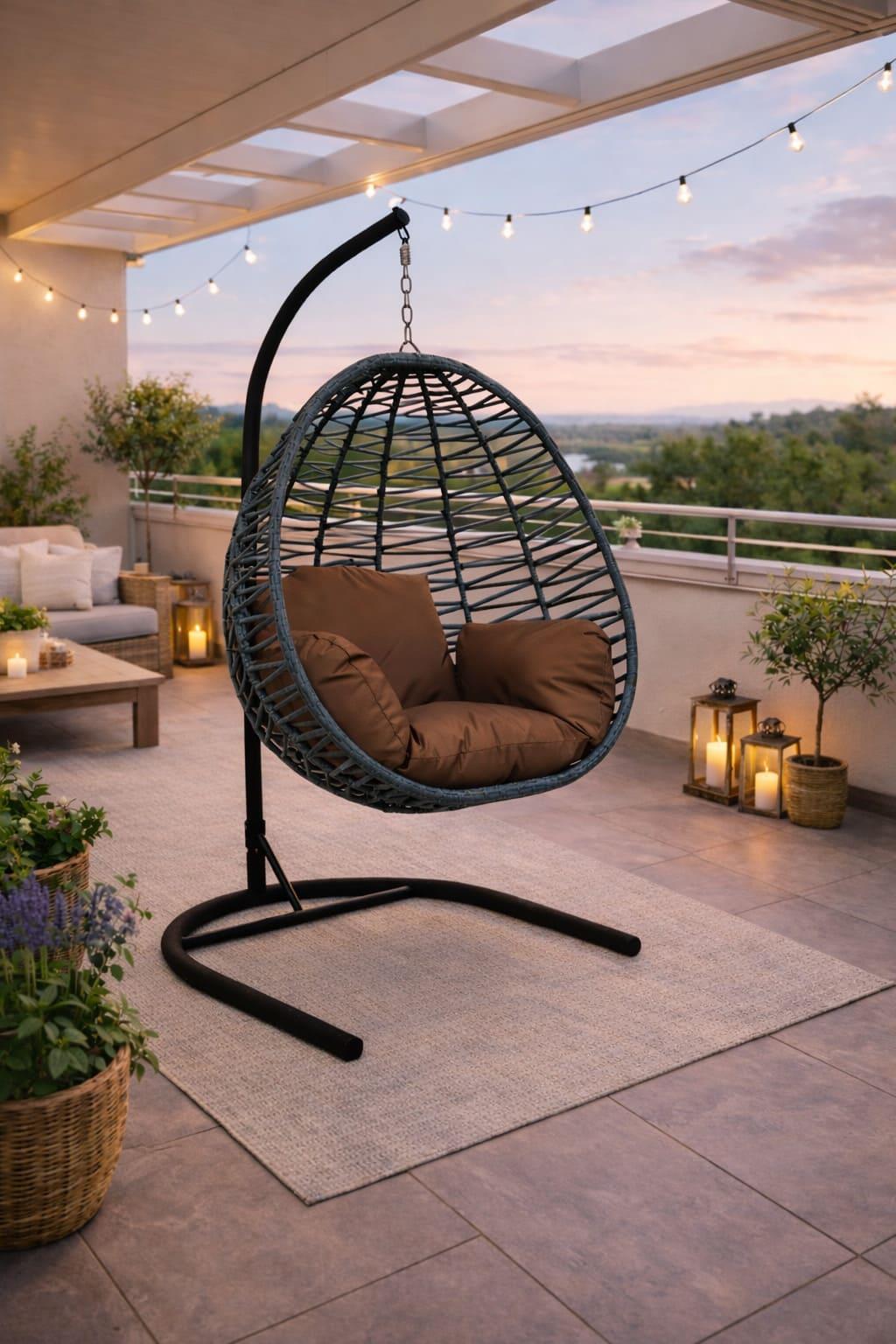 Alezy Armut Salıncak Tek Kişilik Minderli Makrome İp Örgü Bahçe-Balkon Asma Salıncak