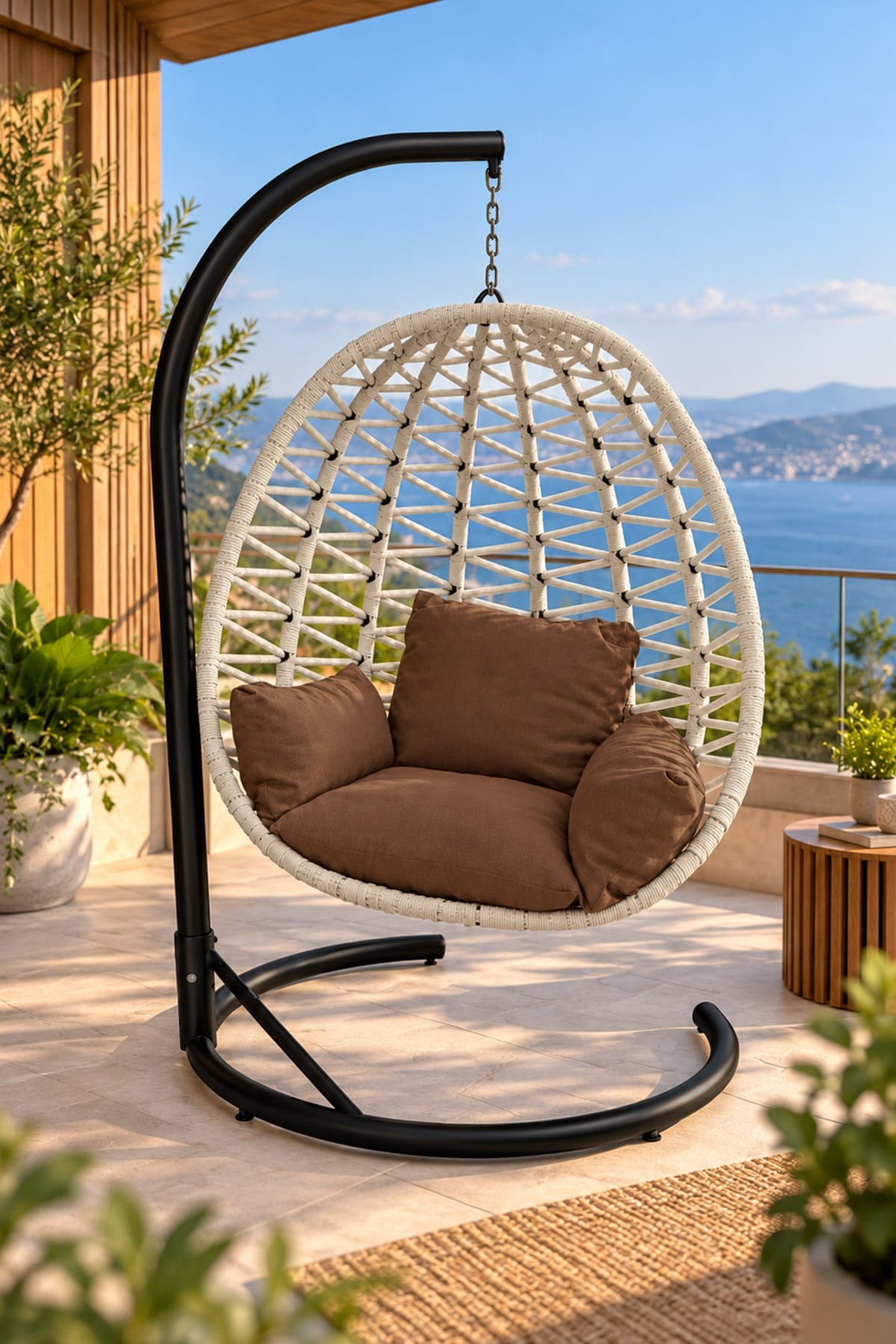 Alezy Armut Salıncak Tek Kişilik Minderli Makrome İp Örgü Bahçe-Balkon Asma Salıncak