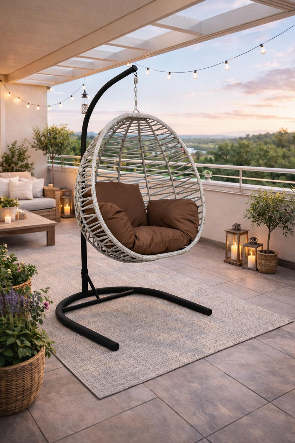 Alezy Armut Salıncak Tek Kişilik Minderli Makrome İp Örgü Bahçe-Balkon Asma Salıncak