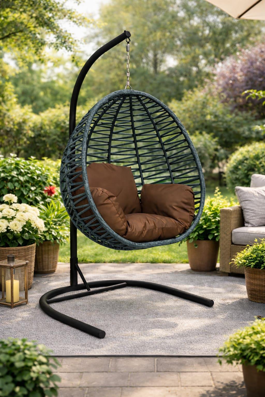 Alezy Armut Salıncak Tek Kişilik Minderli Makrome İp Örgü Bahçe-Balkon Asma Salıncak