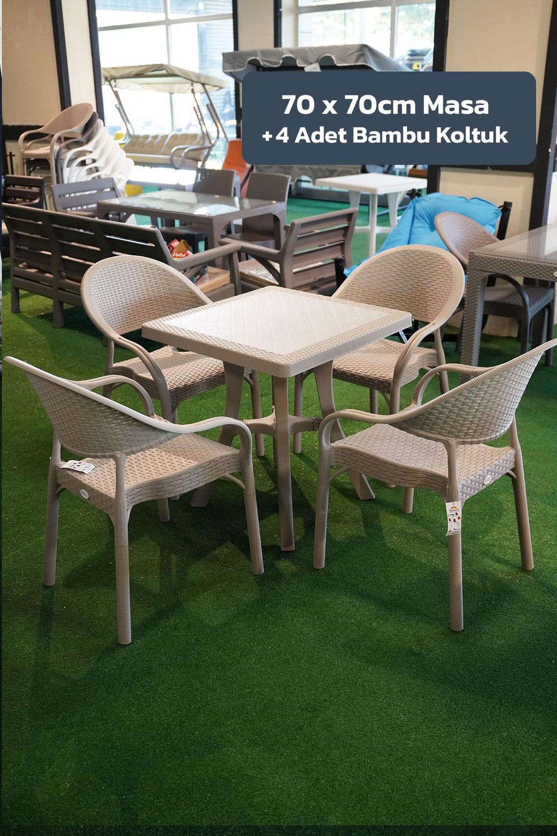 Alezy Bambu Balkon Bahçe Masa Takımı 4 Kişilik 70x70 Masa 4 Adet Bambu Koltuk Kahverengi