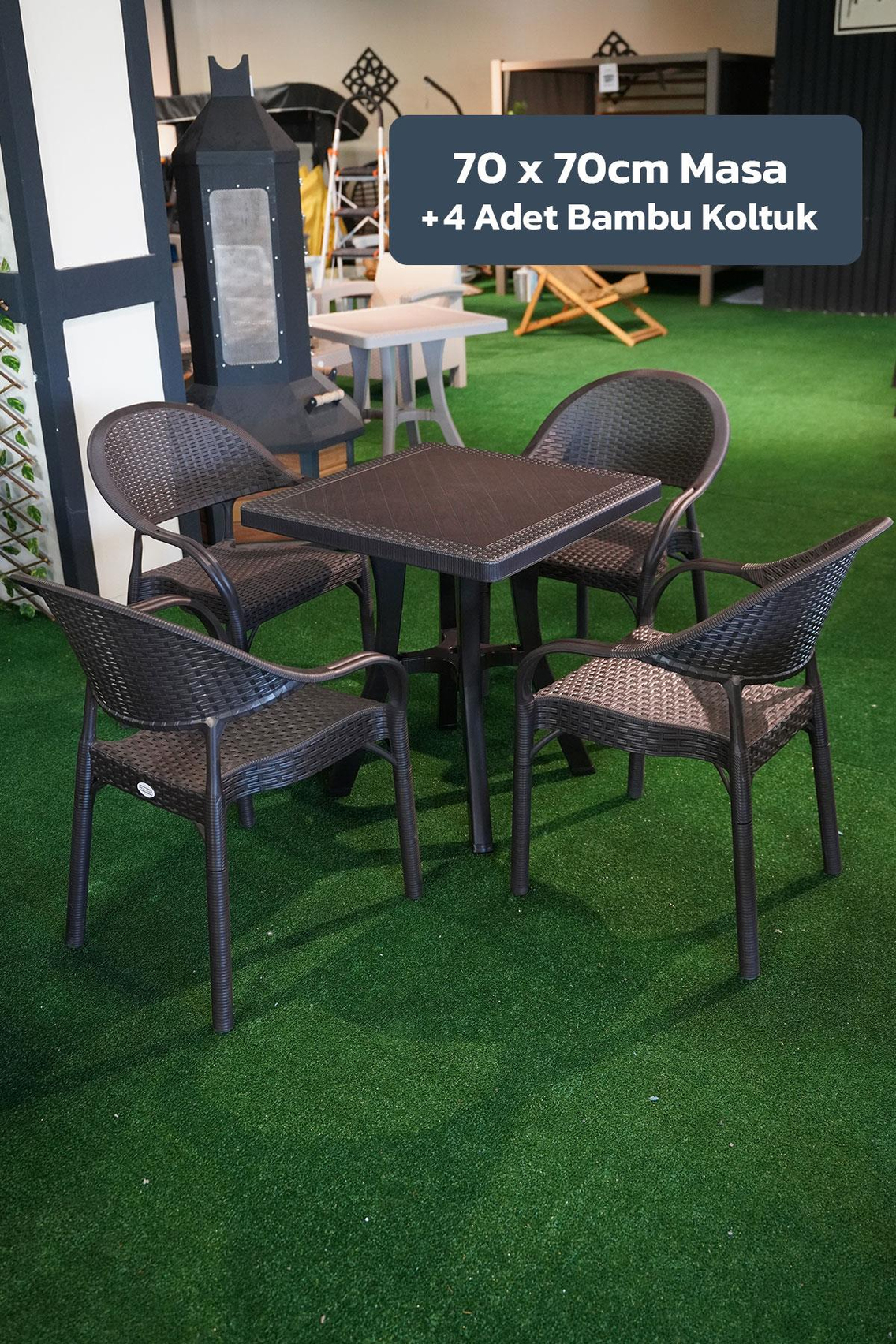 Alezy Bambu Balkon Bahçe Masa Takımı 4 Kişilik 70x70 Masa 4 Adet Bambu Koltuk Kahverengi