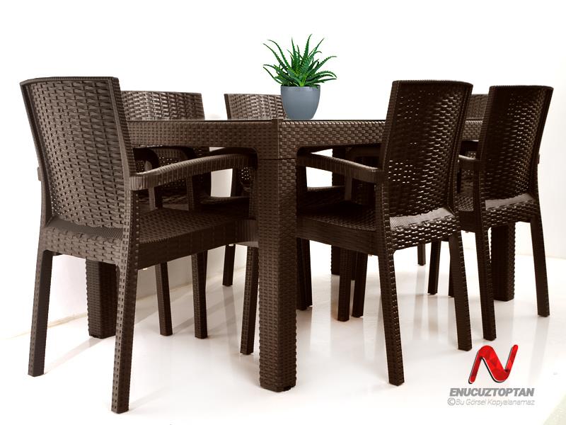 Alezy  Boğaziçi Masa Takımı Camlı 90x150 Raddan Desen Masa + 6 Adet Trend Lüx Raddan Desen Koltuk |ID4696 