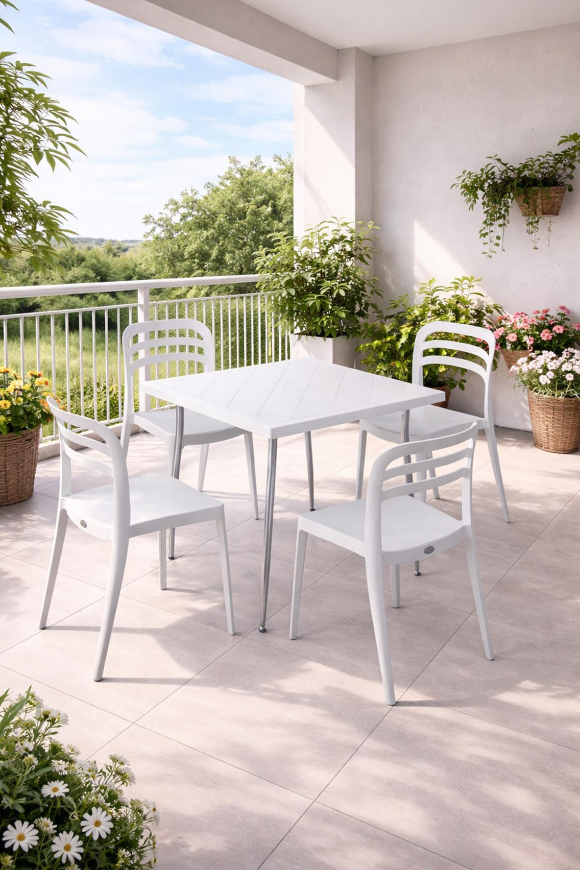 Alezy Carmen Masa Takımı 80x80 Masa + 4 Adet Aspen Renkli Sandalye Beyaz | ID6389