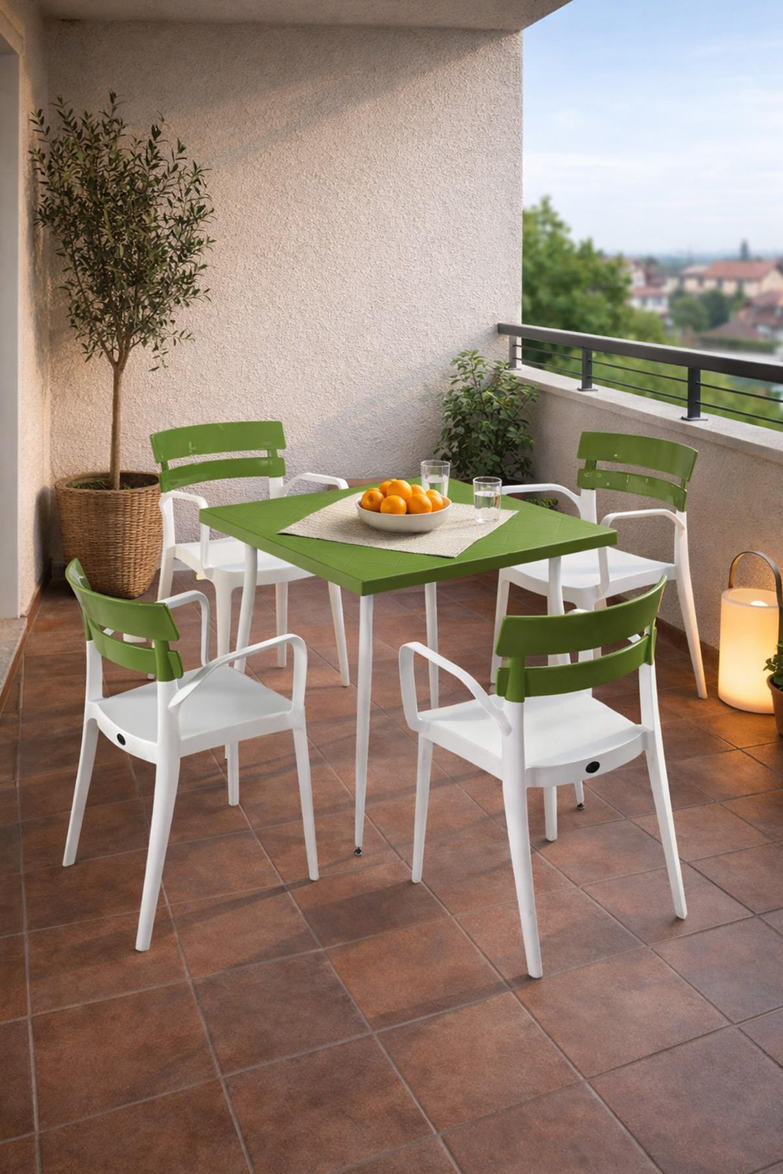 Alezy Carmen Masa Takımı 80x80 Masa + 4 Bermuda Beyaz Ayaklı Koltuk Yeşil | ID6375