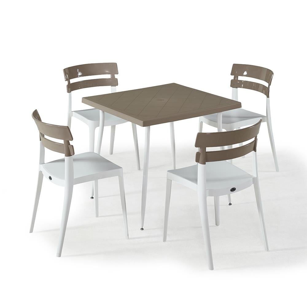 Alezy Carmen Masa Takımı 80x80 Masa + 4 Bermo Beyaz Ayaklı Koltuk Cappucino | ID6382