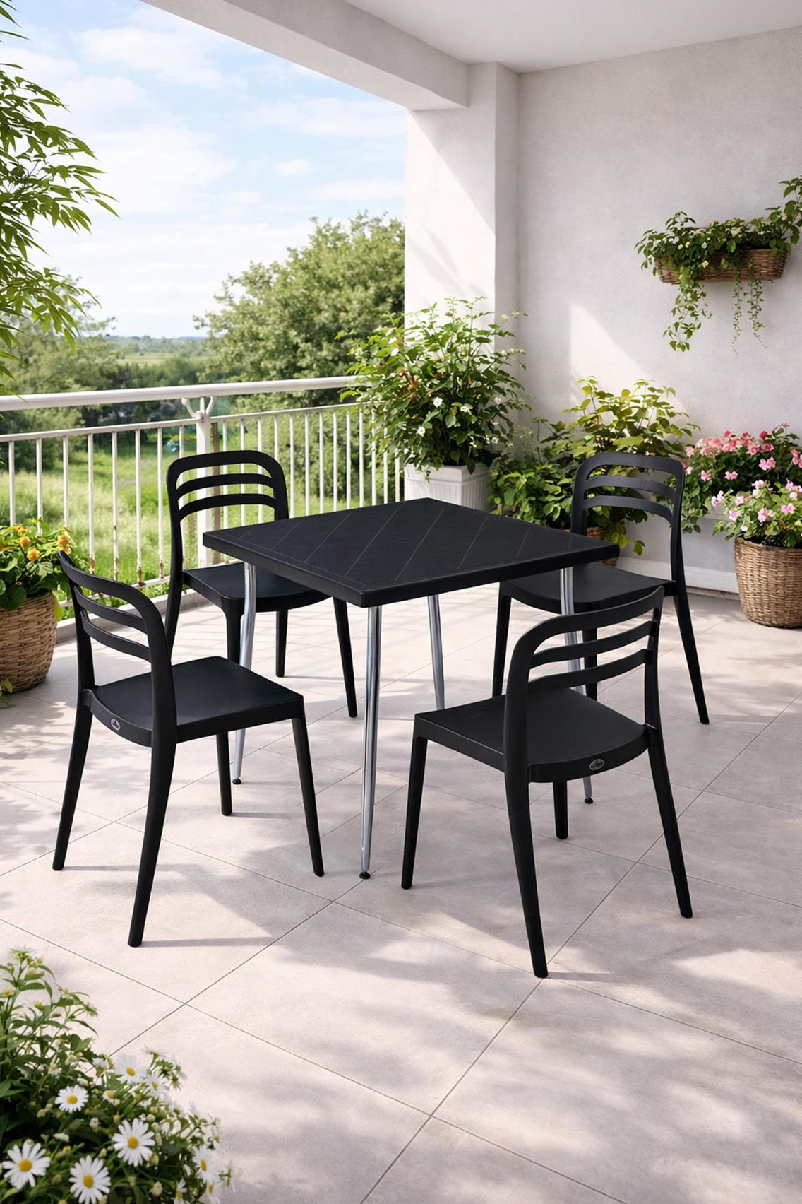 Alezy Carmen Masa Takımı 80x80 Masa + 4 Adet Aspen Renkli Sandalye Siyah | ID6393