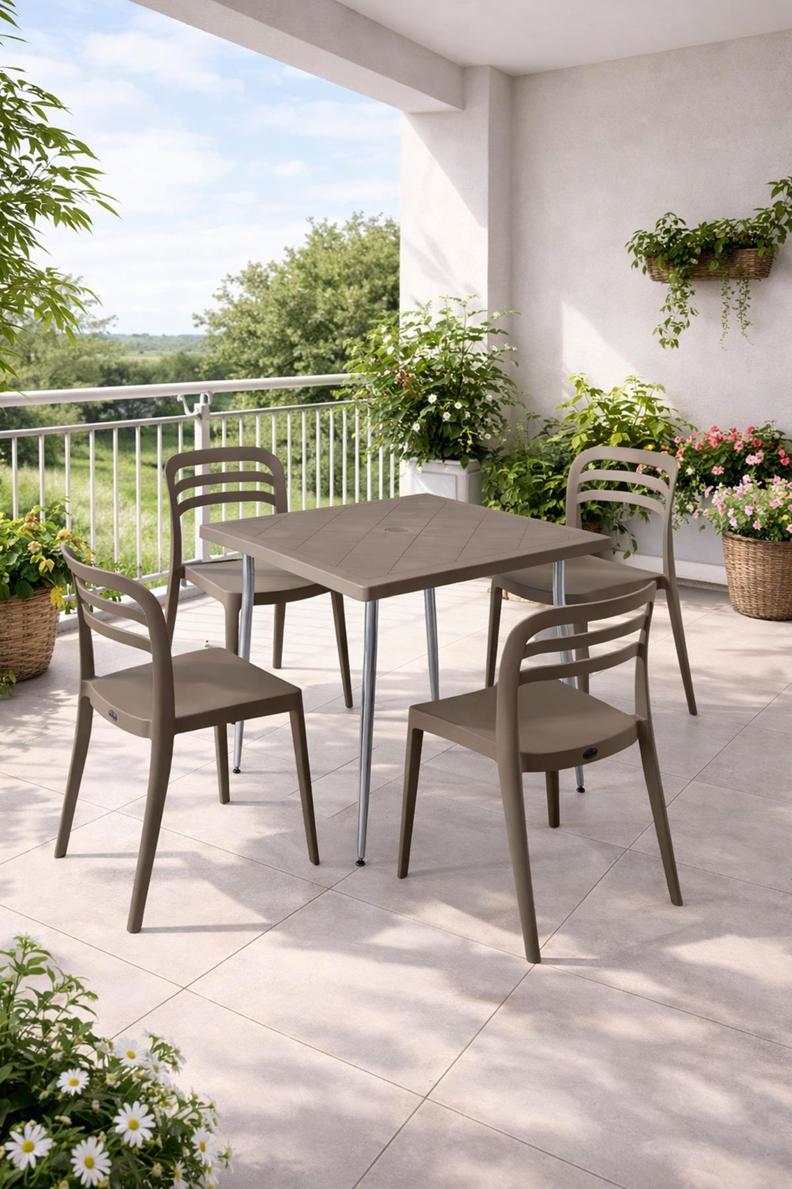Alezy Carmen Masa Takımı 80x80 Masa + 4 Adet Aspen Renkli Sandalye Cappucino | ID6390