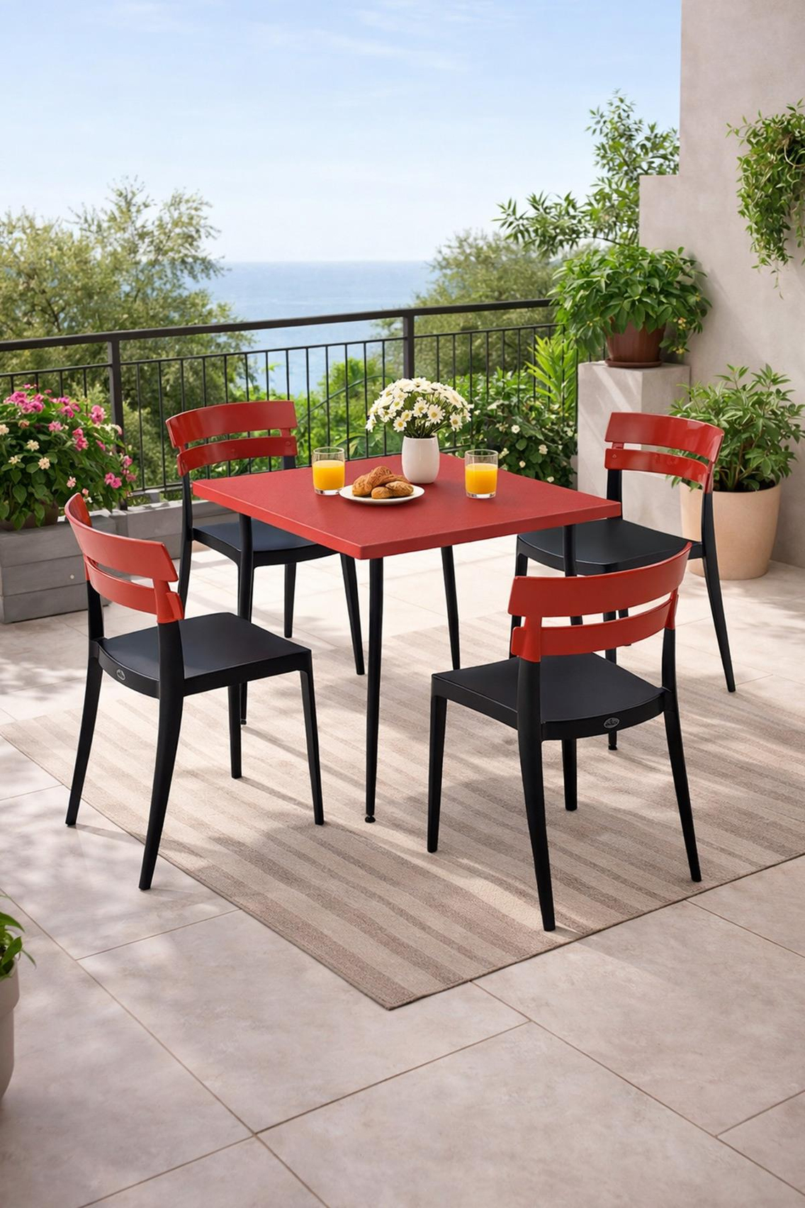 Alezy Carmen Masa Takımı 80x80 Masa + 4 Bermo Siyah Ayaklı Koltuk Kırmızı | ID6386