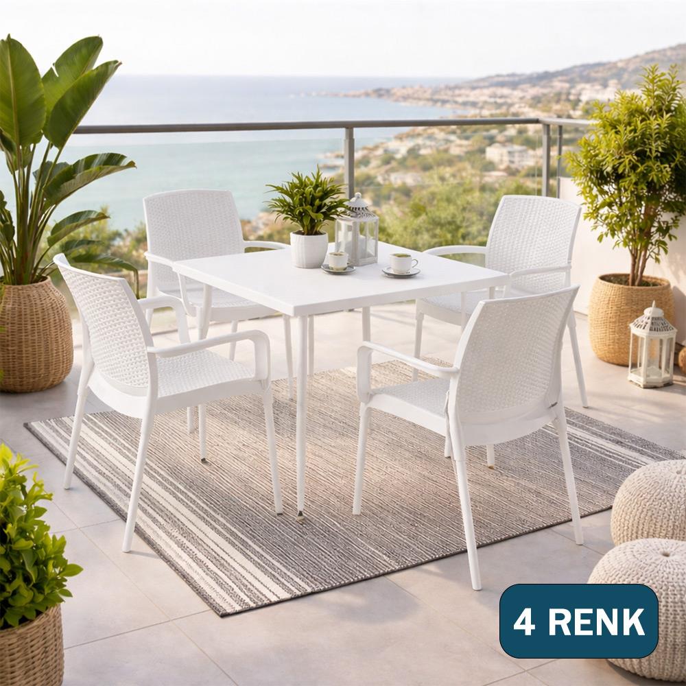Alezy Carmen Rattan Masa Takımı 80x80 Masa + 4 Adet Rattan Sunset Sandalye | ID6413