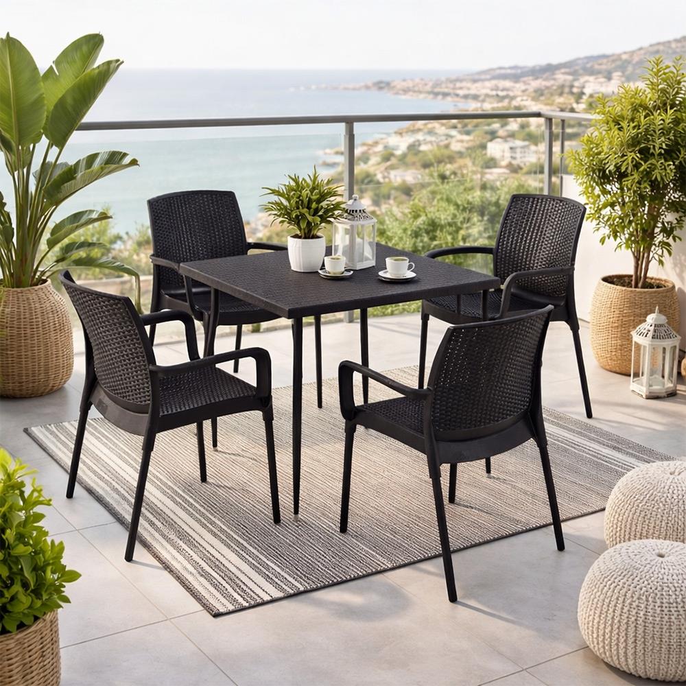 Alezy Carmen Rattan Masa Takımı 80x80 Masa + 4 Adet Rattan Sunset Sandalye | ID6413
