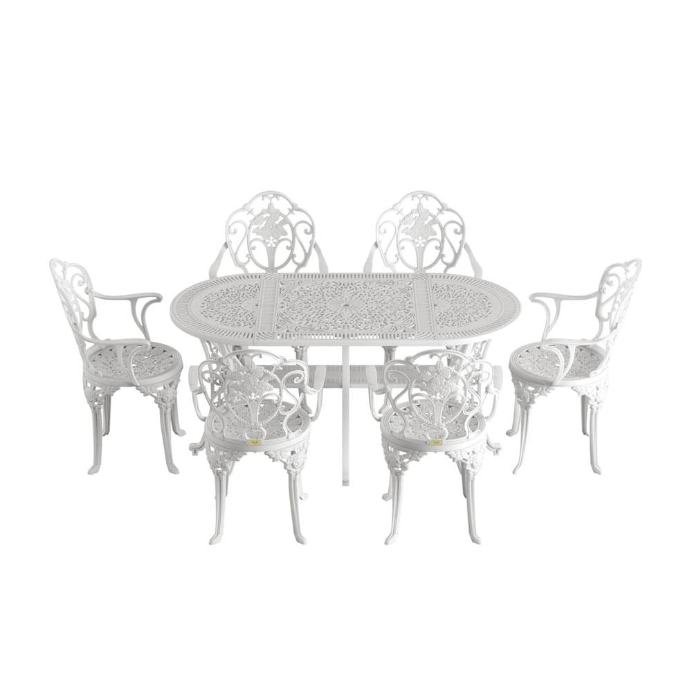 Alezy Isparta Masa Takımı 75x150 cm Oval Masa 6 Adet Isparta Koltuk Ferforje Görünümlü Set