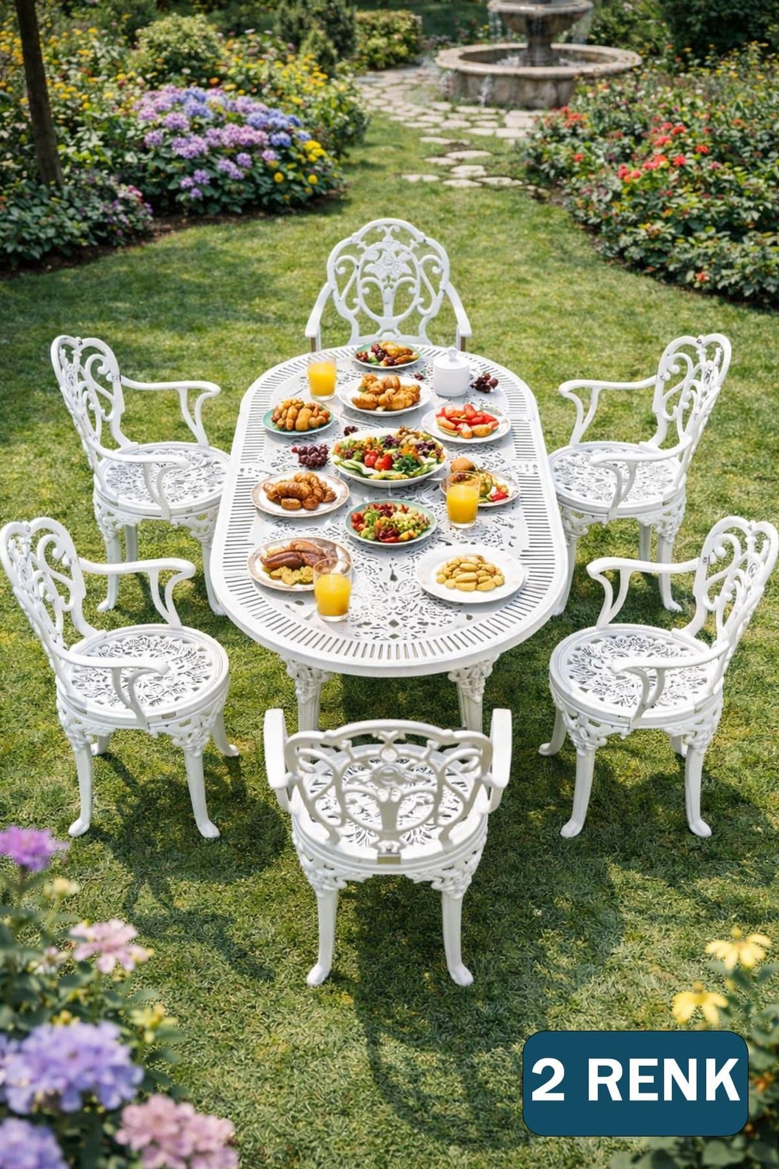 Alezy Isparta Masa Takımı 75x150 cm Oval Masa 6 Adet Isparta Koltuk Ferforje Görünümlü Set