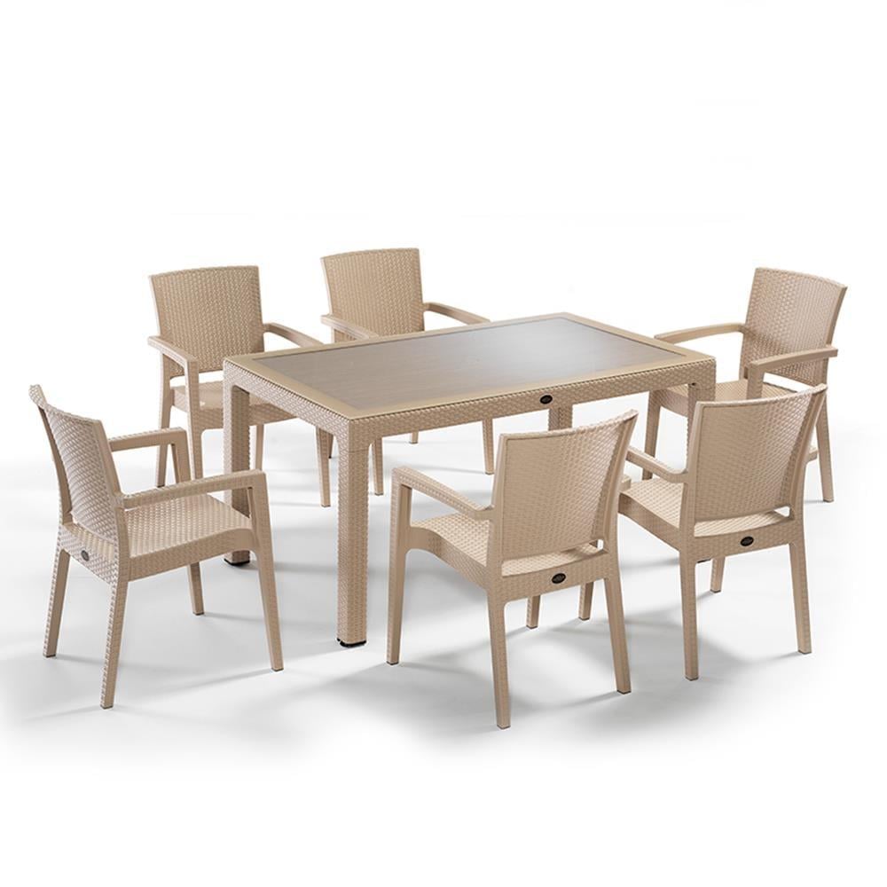 Alezy Liverno Set Rattan Camlı 90x150 Masa + 6 Adet Paris Koltuk Sandalye