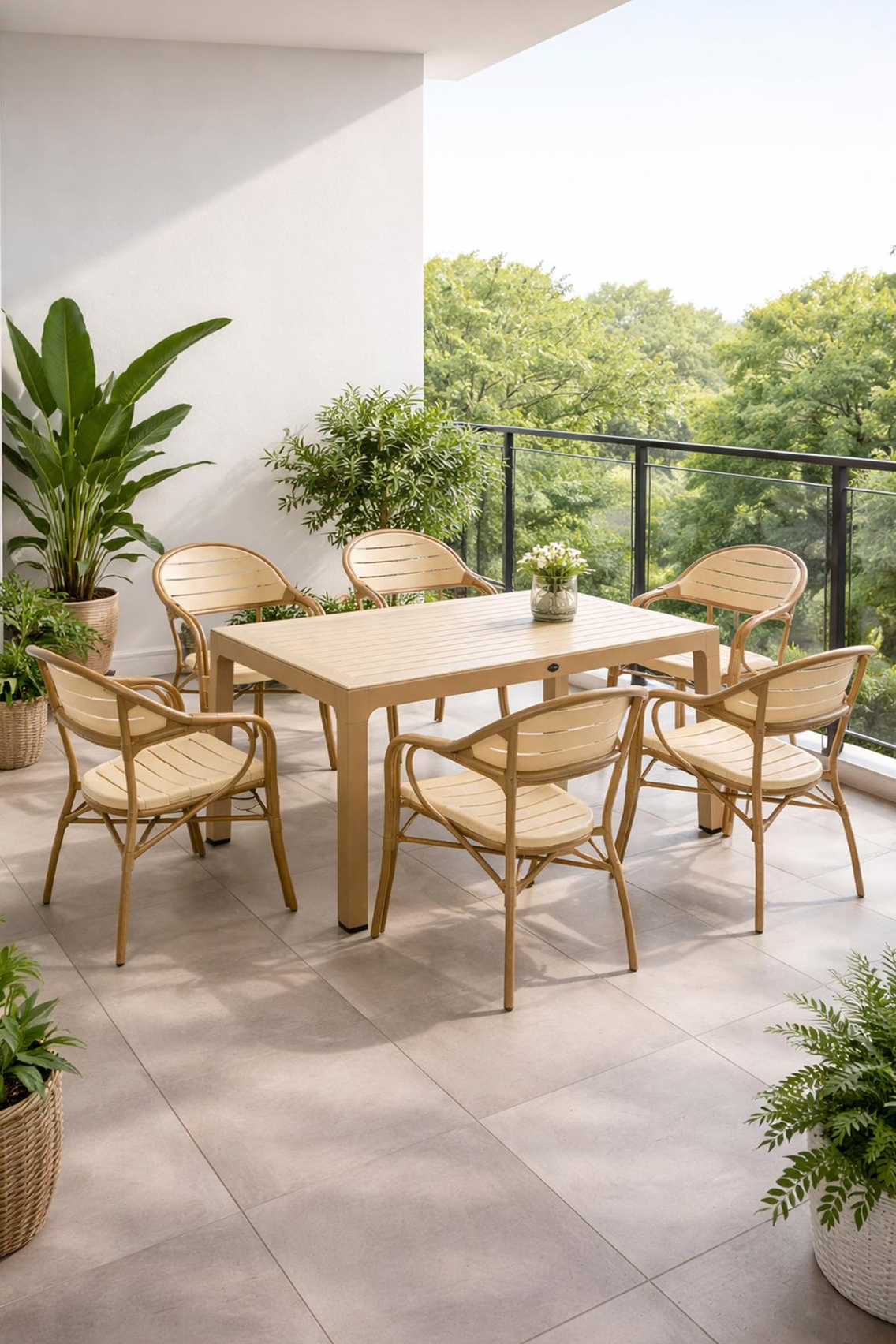 Alezy NST-003 Bamboo Bahçe Masa Takımı 90x150 Camlı Masa + 6 Koltuk | ID4638 