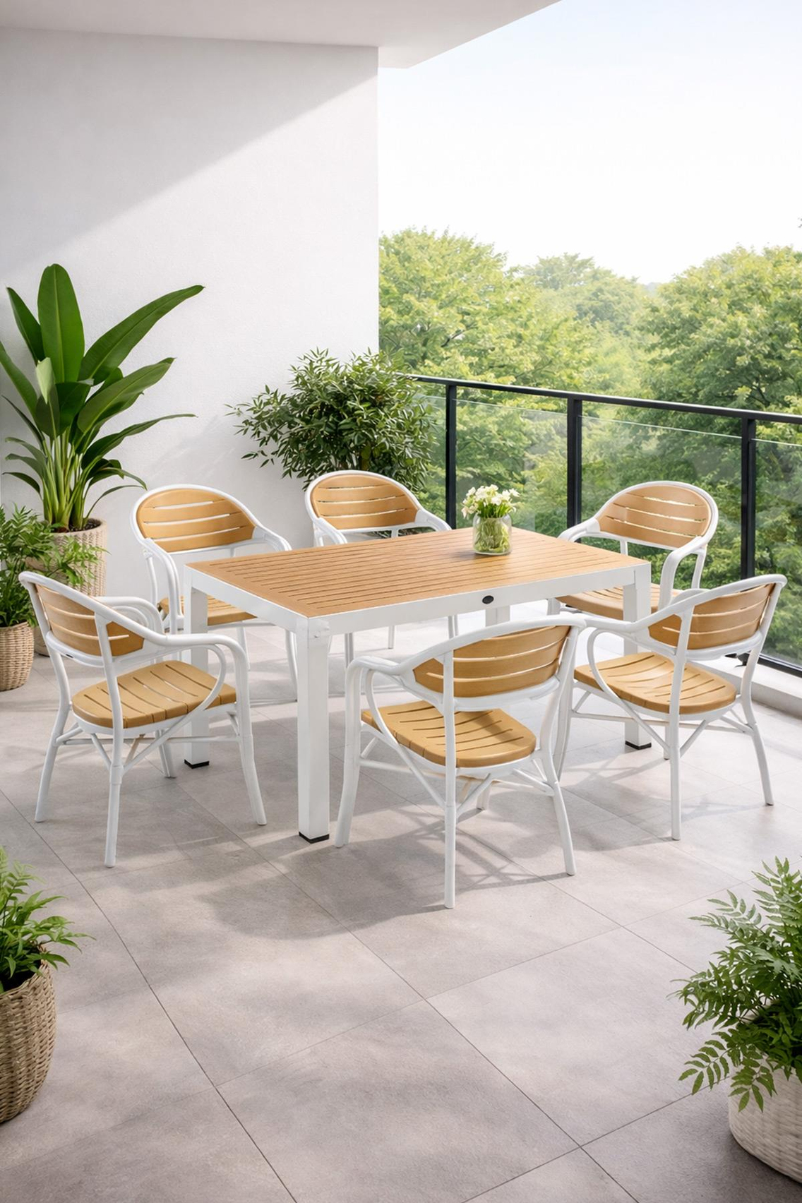 Alezy NST-003 Bamboo Bahçe Masa Takımı 90x150 Camlı Masa + 6 Koltuk | ID4638 