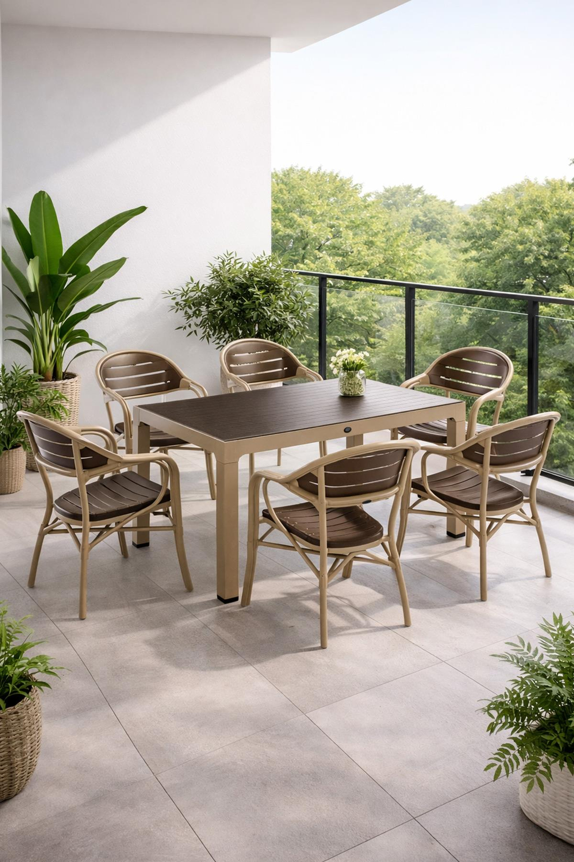 Alezy NST-003 Bamboo Bahçe Masa Takımı 90x150 Camlı Masa + 6 Koltuk | ID4638 