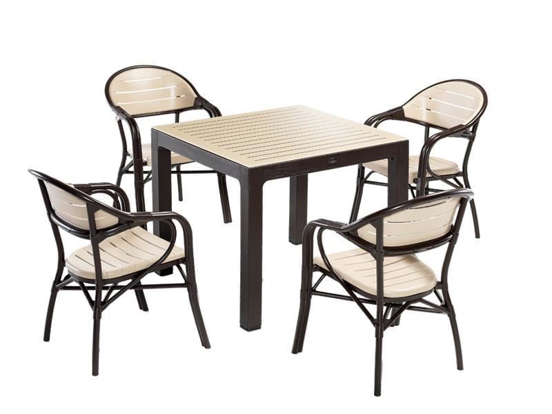 Alezy NST-004 Bamboo Bahçe Masa Takımı 90x90 Camlı Masa + 4 Koltuk | ID4634