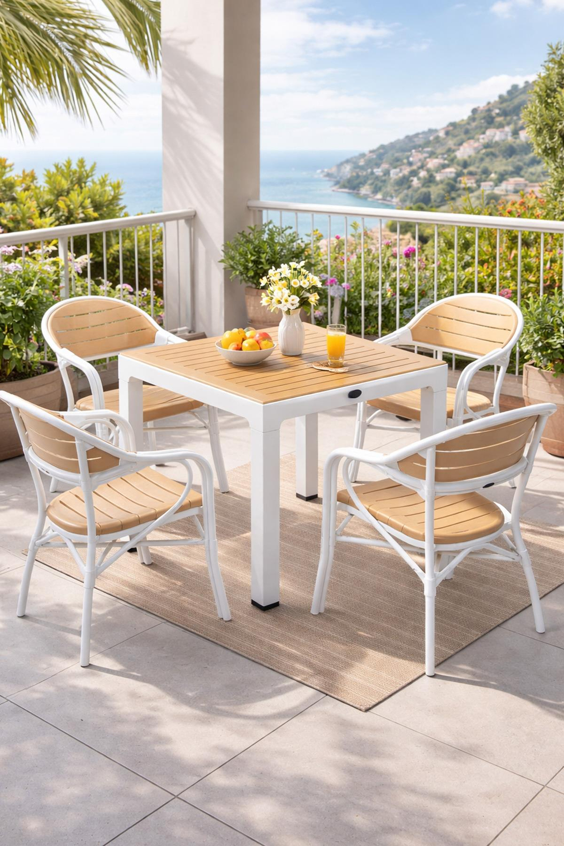 Alezy NST-004 Bamboo Bahçe Masa Takımı 90x90 Camlı Masa + 4 Koltuk | ID4634