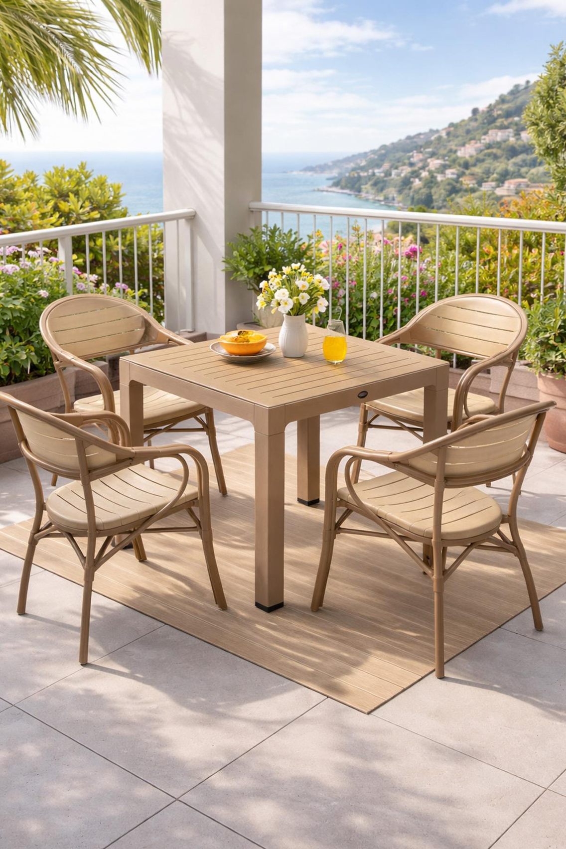 Alezy NST-004 Bamboo Bahçe Masa Takımı 90x90 Camlı Masa + 4 Koltuk | ID4634